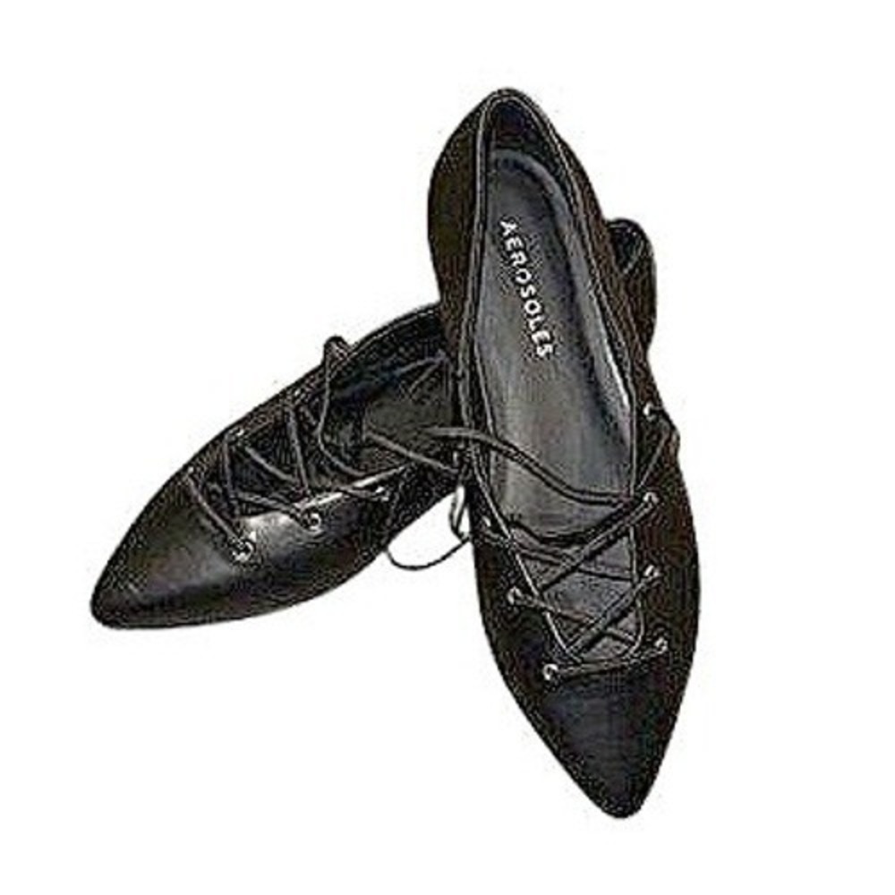 Aerosoles Diletta Black Lace Up Pointed Toe Flats Shoes Womens Size 7.5 M NEW